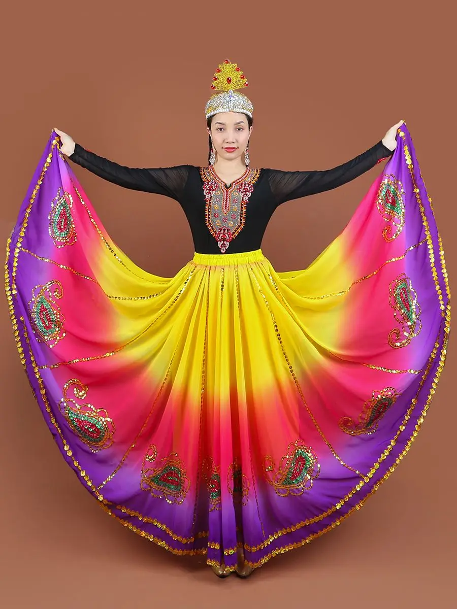 Xinjiang Dance Performance Dress Women's High Order Handmade Embroidered Sequin Skirt Uyghur Dance 720 Stage Skirt