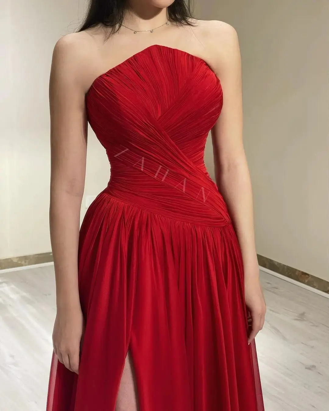 Fashionvane Sexy Strapless Prom Dresses 2024 Ruched Long Side Slit Chiffon Evening Dress for Saudi Arabia Women Wear Vestidos