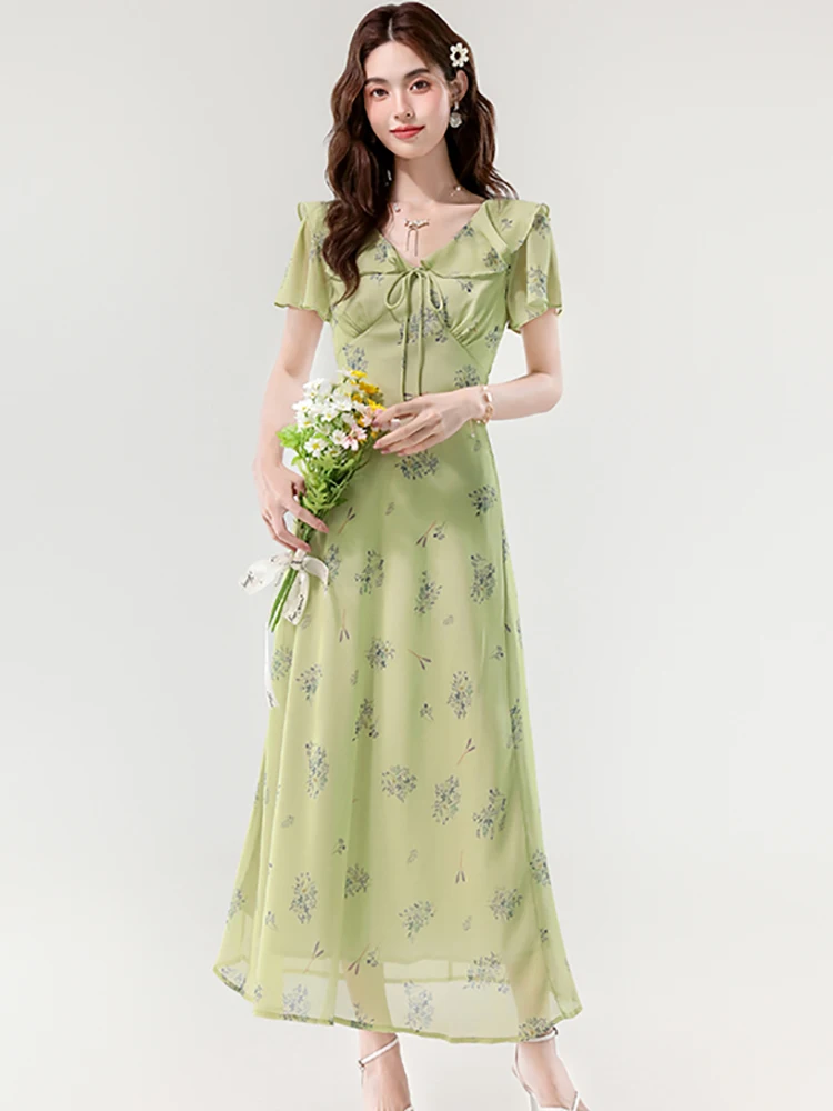 Feminino verde floral chiffon chique arco babados colarinho vestido longo verão boho elegante vestido de férias 2025 coreano bodycon vestido de festa