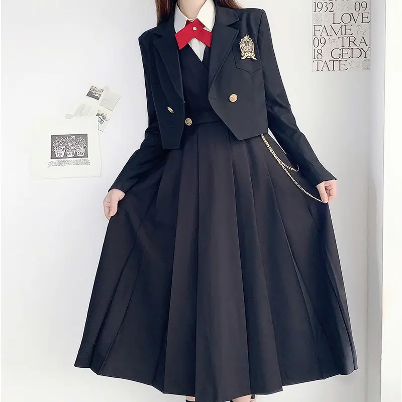 2024 Japanese Kawaii JK Uniform Strap Dress Bow Tie Y2K Student Loose Dress One-piece Suit Preppy Style Odzież Damska