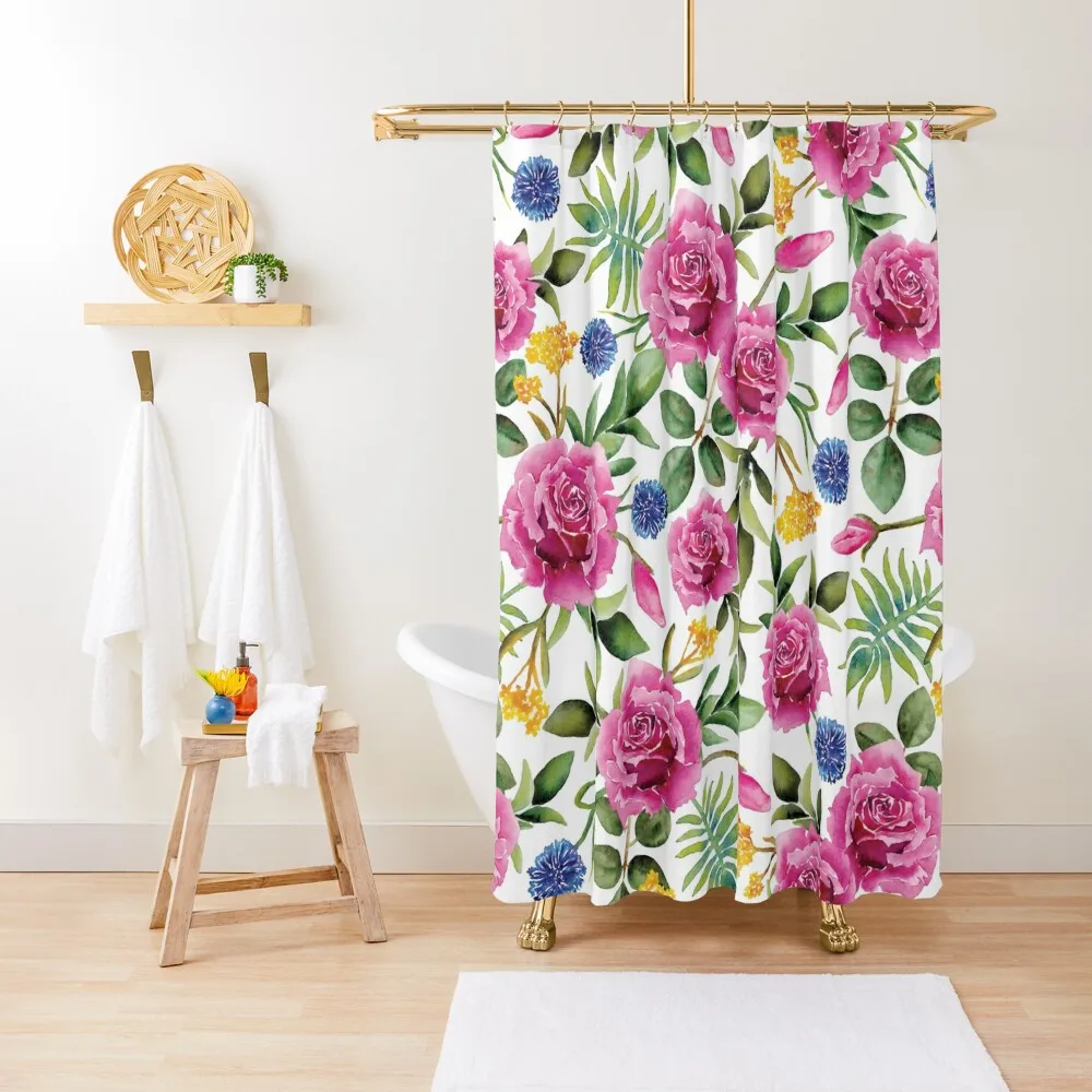 

Watercolor Roses - Pink, Blue, Yellow & Green Floral/Botanical Pattern Shower Curtain Anime Bathroom Curtain