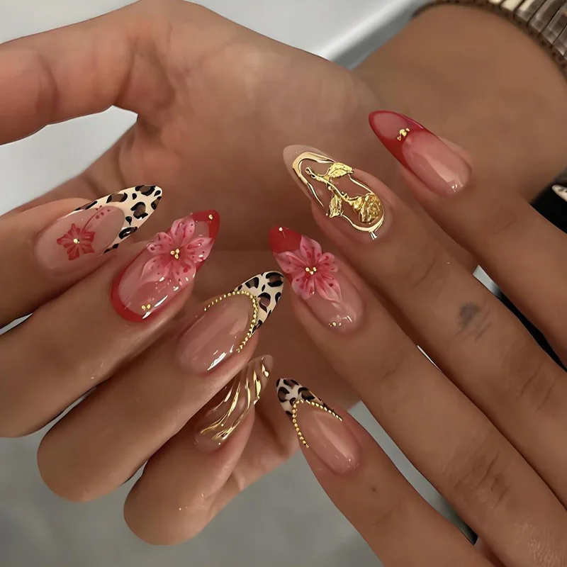 24 faux ongles en forme d'amande, imprimé léopard rose, fleurs, manucure française, rose doré 3D, nude brillant