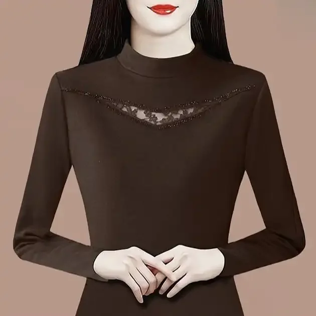 بلوزة نسائية أنيقة مع دانتيل بتفاصيل الياقة المدورة وأكمام طويلة بقصة ضيقة لملابس الربيع والخريف #2
