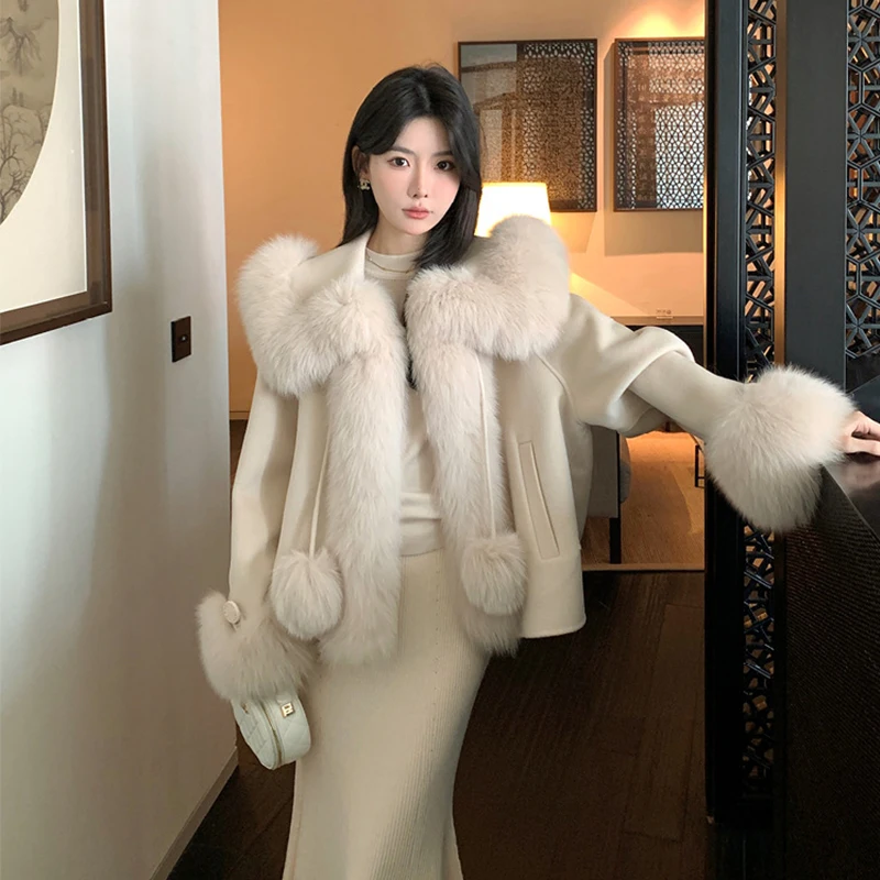 Winter Solid Fox Fur Collar Poncho Coat Luxury Warm Women Cashmere Jacket Cute Thick Female Lace up Parkas Wollen Overcoat  Chic