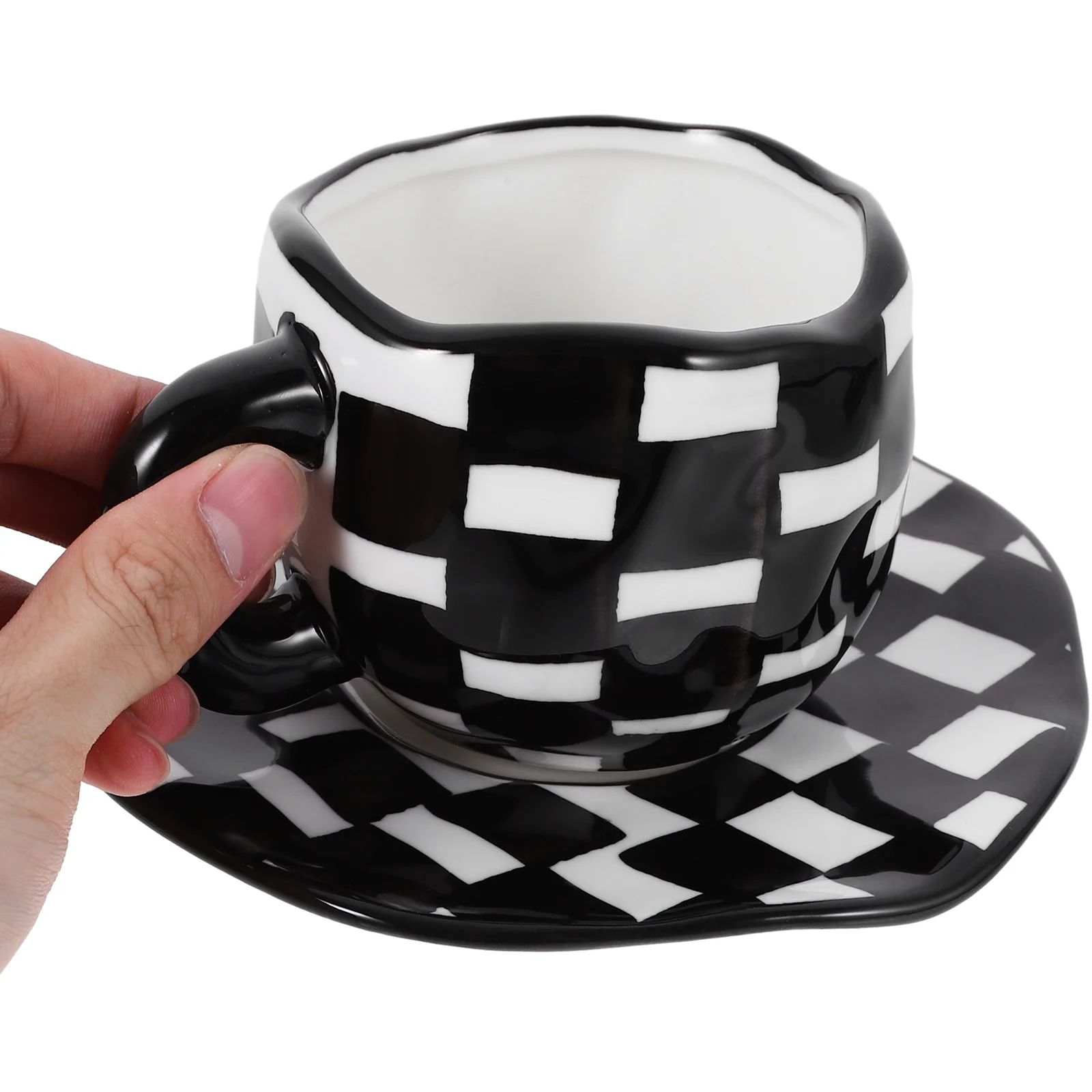 1 مجموعة أسود أبيض رقعة الشطرنج أكواب القهوة مع الصحون مجموعة أدوات الشرب الأنيقة متقلب القدح مع الصحن فنجان القهوة متقلب #3
