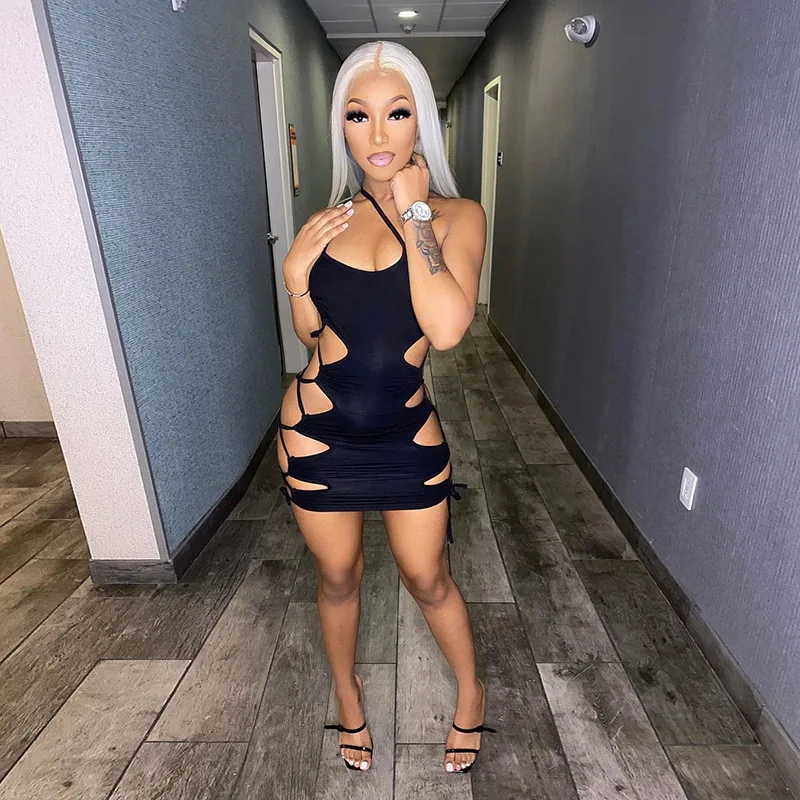 

Summer Black Sexy Hollow Out Lace Up Sling Slim Dress Women Fashion Sleeveless Clothing Lady Solid Mini Dresses