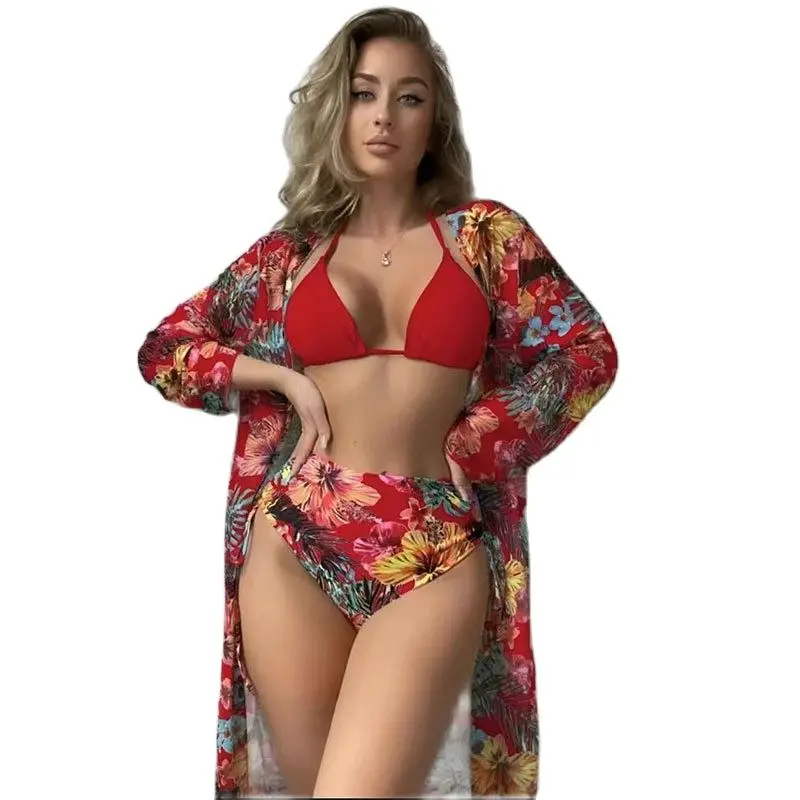 Set bikini con protezione solare da donna, costume da bagno a vita alta, stampa copricostume a maniche lunghe, costume da bagno da spiaggia, costumi da bagno estivi, 3 pezzi