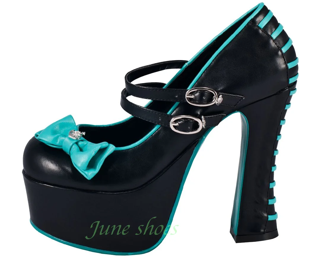 Gladiator Black Turquoise Bowtie Platform Mary Jane Pumps Women Double Buckle Strap Striped Chunky High Heel Party Cosplay Shoes