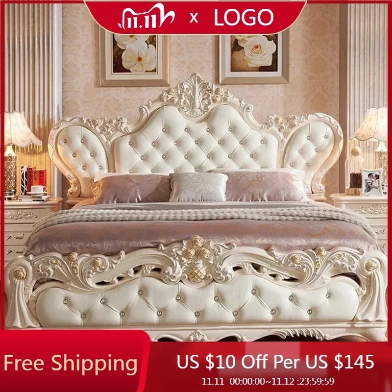 Vintage Nordic Luxury Bed Master Queen King Modern Regale Bed Wood Bedroom Leather Antique Safe Cama Queen Size Trendy Furniture