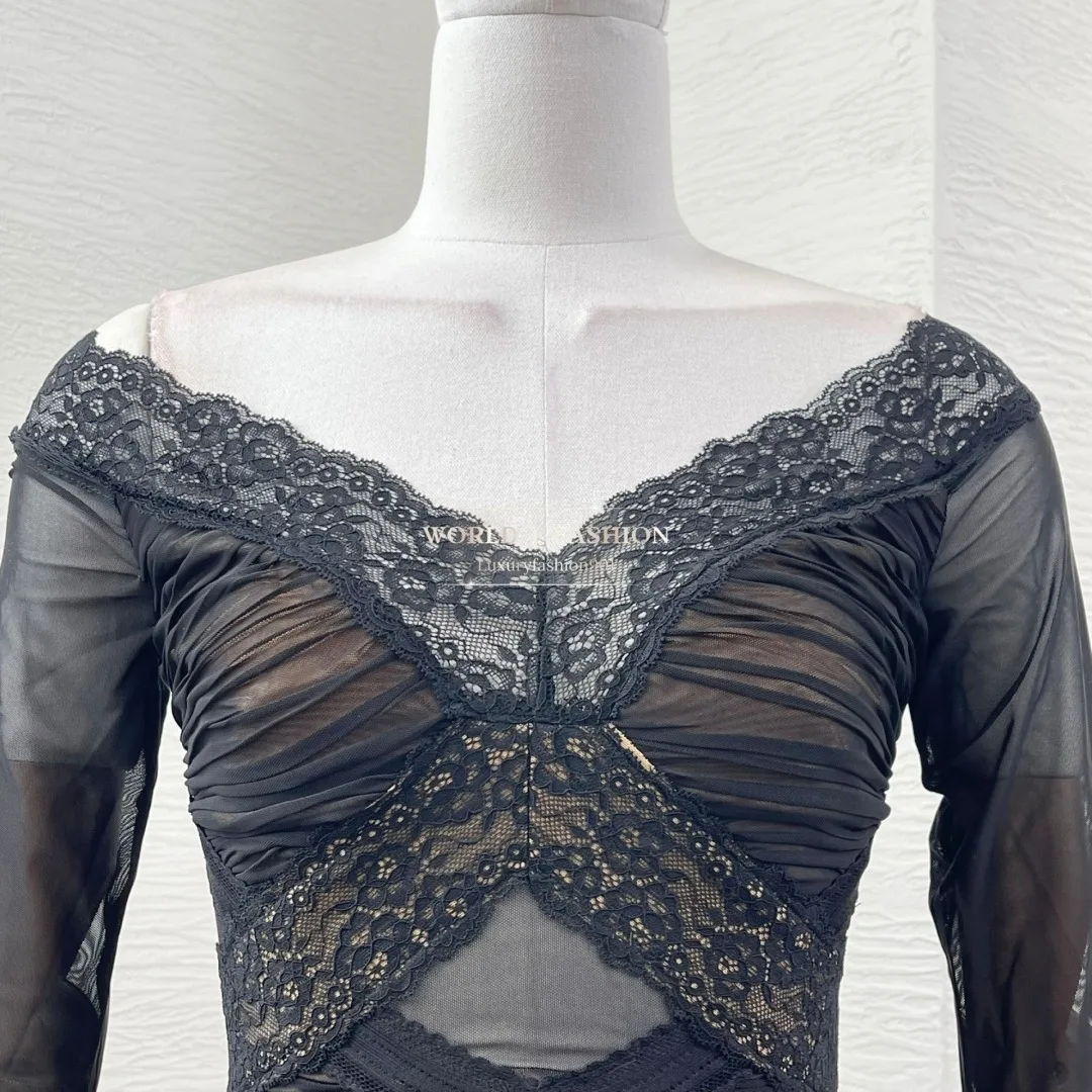 Black Lace Patchwork Long Sleeve Ruched Tulle Off The Shoulder Tops