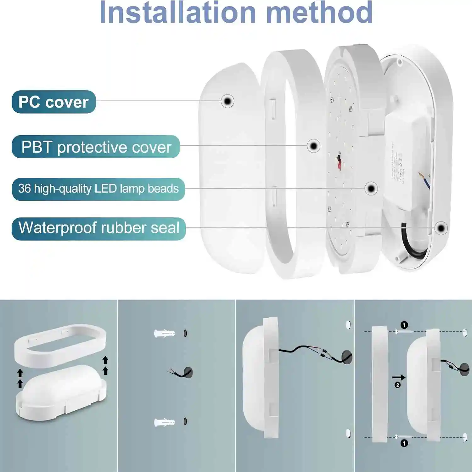 3er-Pack 18 W LED-Deckenleuchten, 1710 lm, IP65 wasserdichte ovale Badezimmerleuchten für Flur, Balkon, Keller, Garten – Detail 1