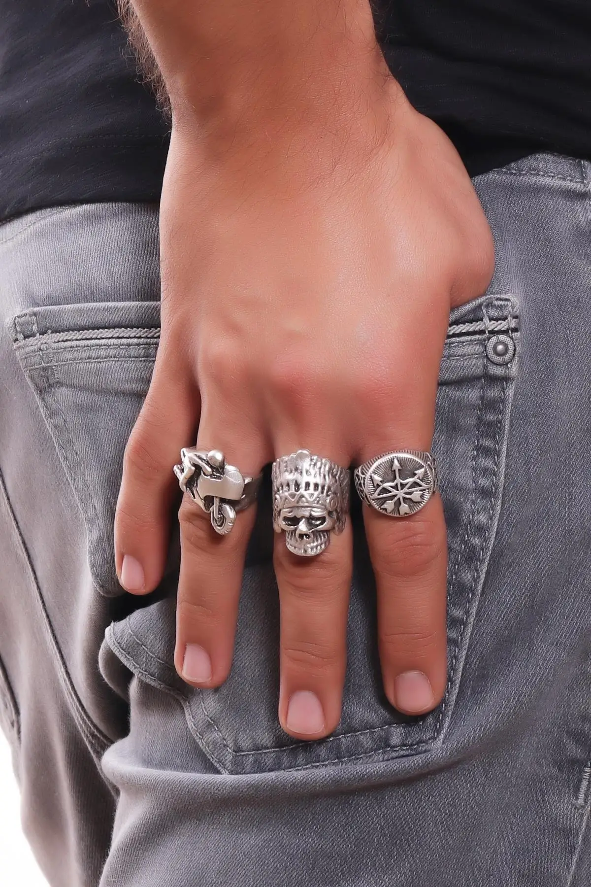 Men's Antique Silver Plated Adjustable 3'lü Ring Set Bohemian punk cool finger skull and crossbones arrow spring motorcycle ring