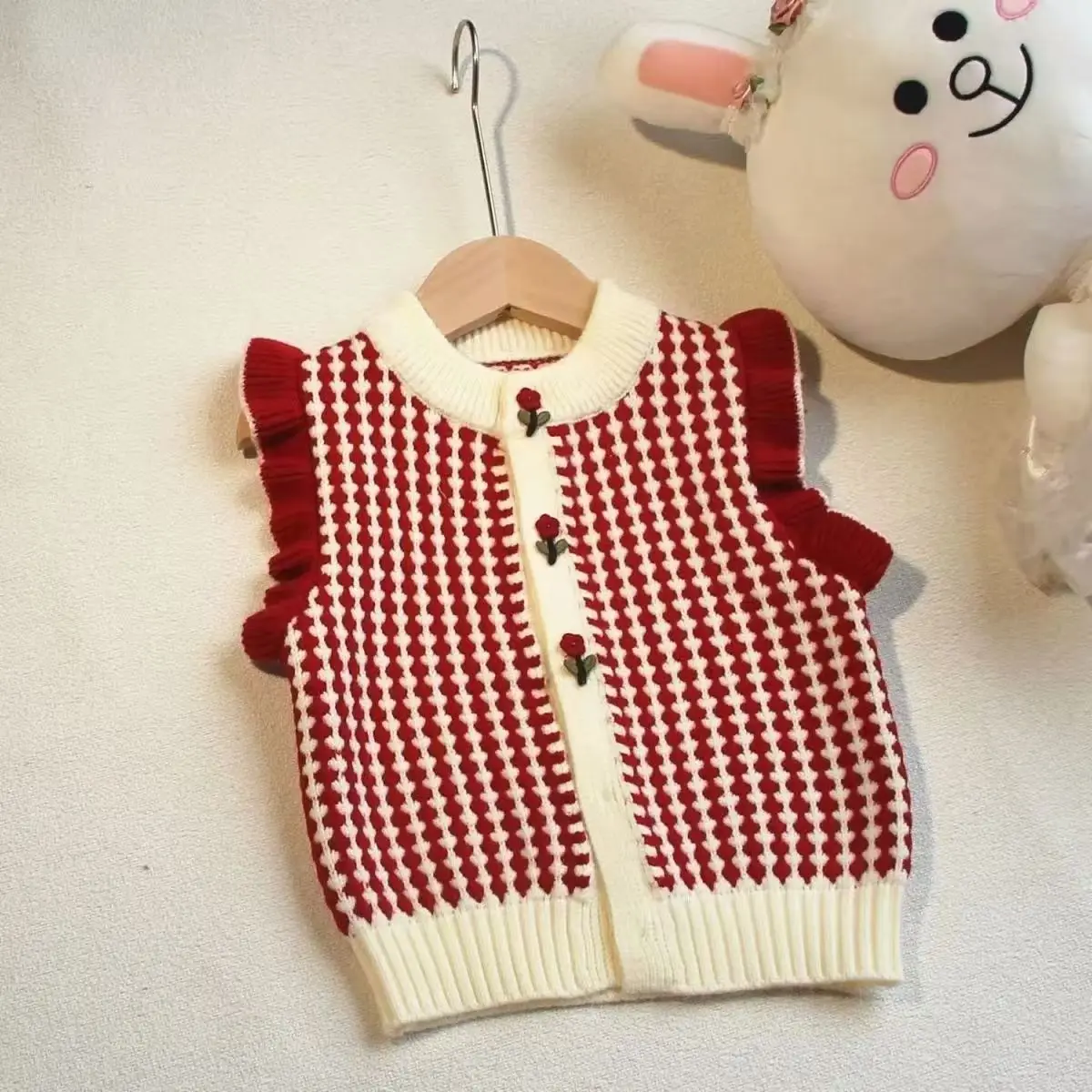 

Knitted Cardigan Spring And Autumn Outerwear for Children New Trendy Knit Vest with Floral Pattern for Girls