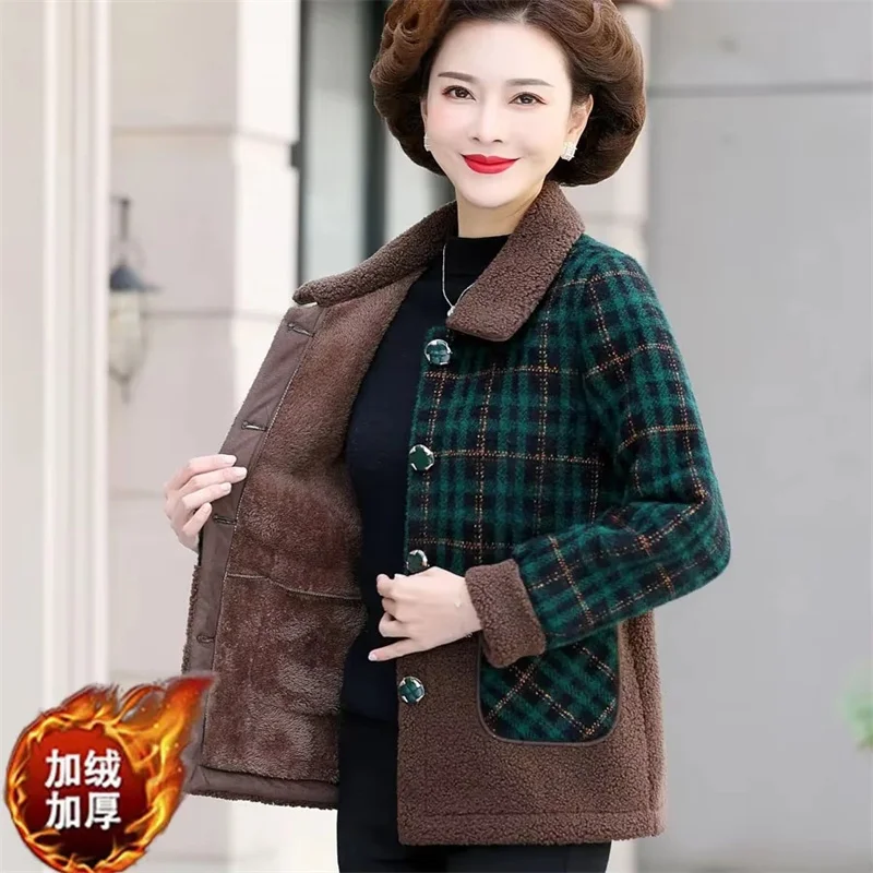 Autumn Winter Woolen Jacket Thicken Add Velvet Warm Plaid Wool Coat Jiddle-aged Elderly Women Cotton Padded Overcoat 4XL 5XL