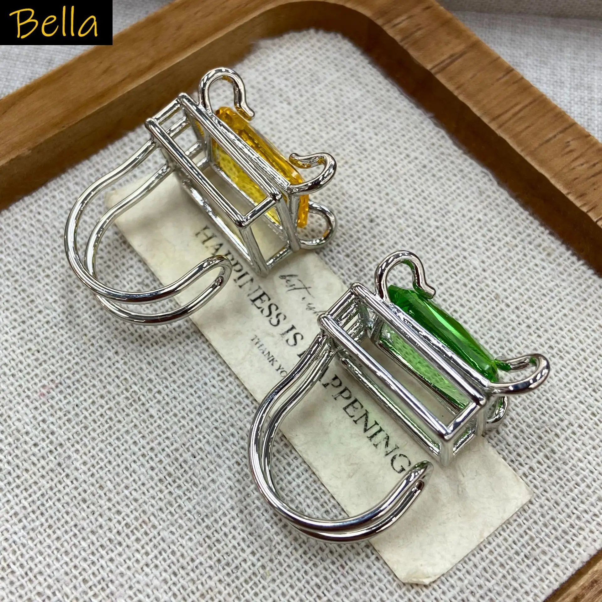 Minimalist Adjustable Ring for Women Silver Plated Metal Ring Rectangle Green Yellow Crystal Office Daily Statement Jewelry