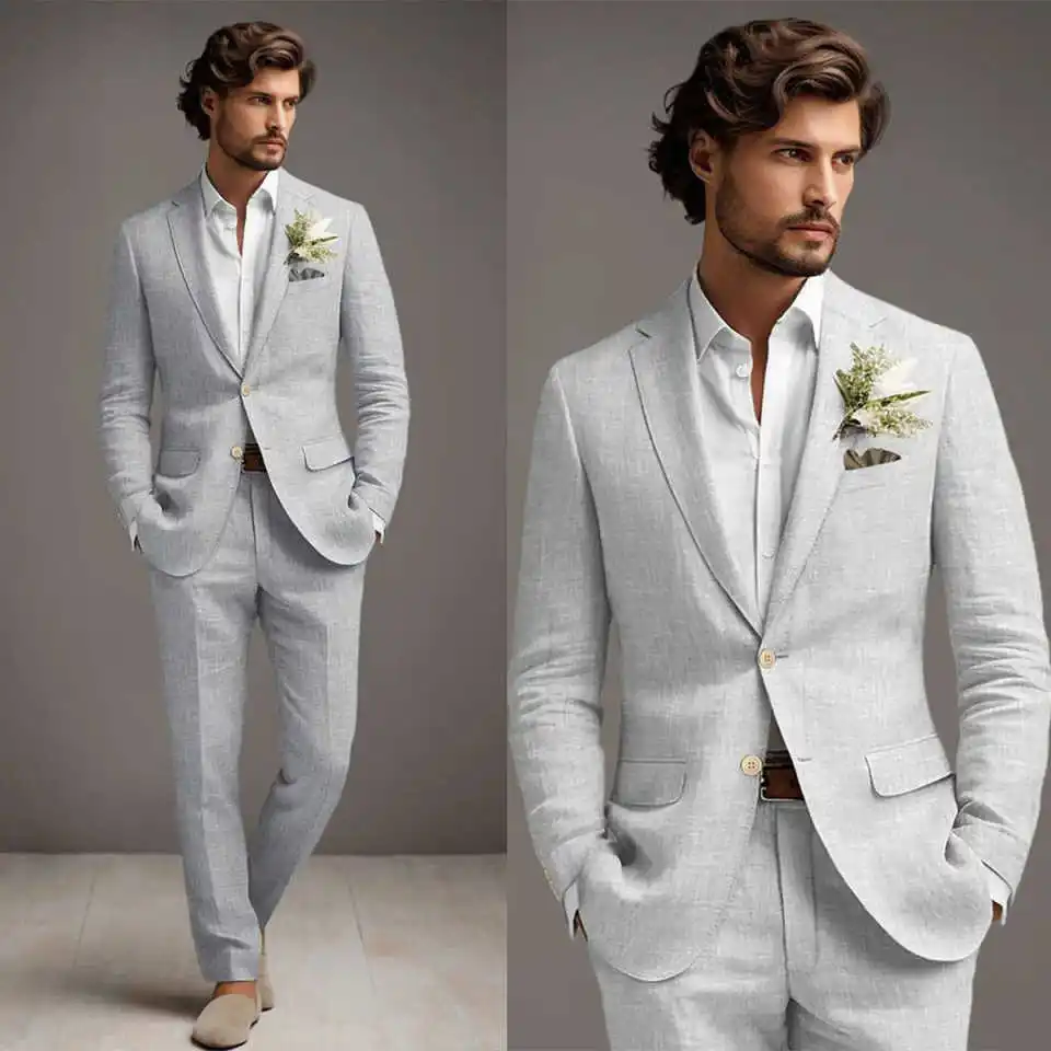 

Light Gray 2 Pieces Customized Men Suits Notched Lapel Single Button Jacket Sets Classic Fit Prom Wedding Party Blazers