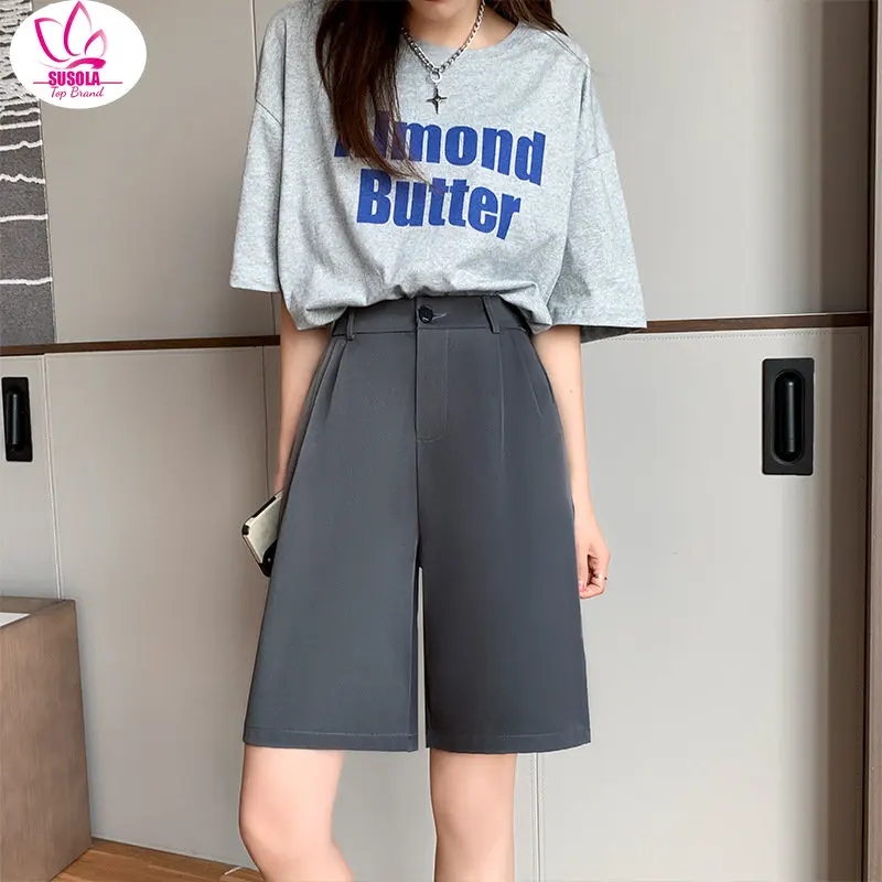 SUSOLA Summer Women's Shorts Lady Casual Loose Wide Leg Knee-length Shorts Women Korean Trend Pockets Office Short Pants