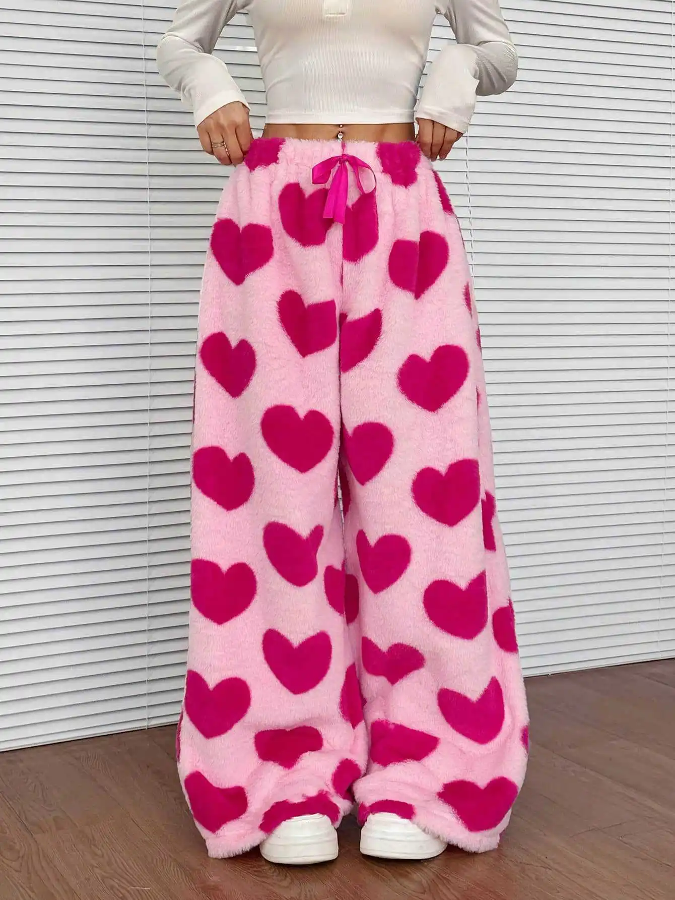 Pantalones de felpa de pierna ancha con estampado de leopardo para mujer, pantalones largos sueltos y peludos de cintura alta