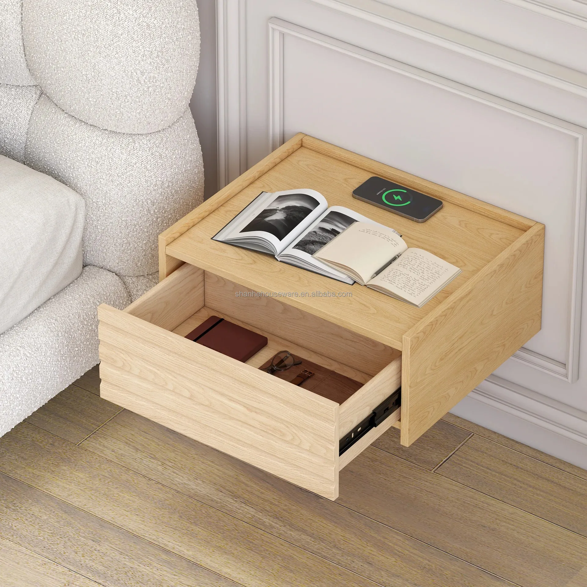 طاولة بجانب السرير بتصميم حديث وبسيط مثبتة على الحائط من الخشب الصلب ومنضدة عائمة للشحن اللاسلكي ودرج قابل للتحويل لـ #5