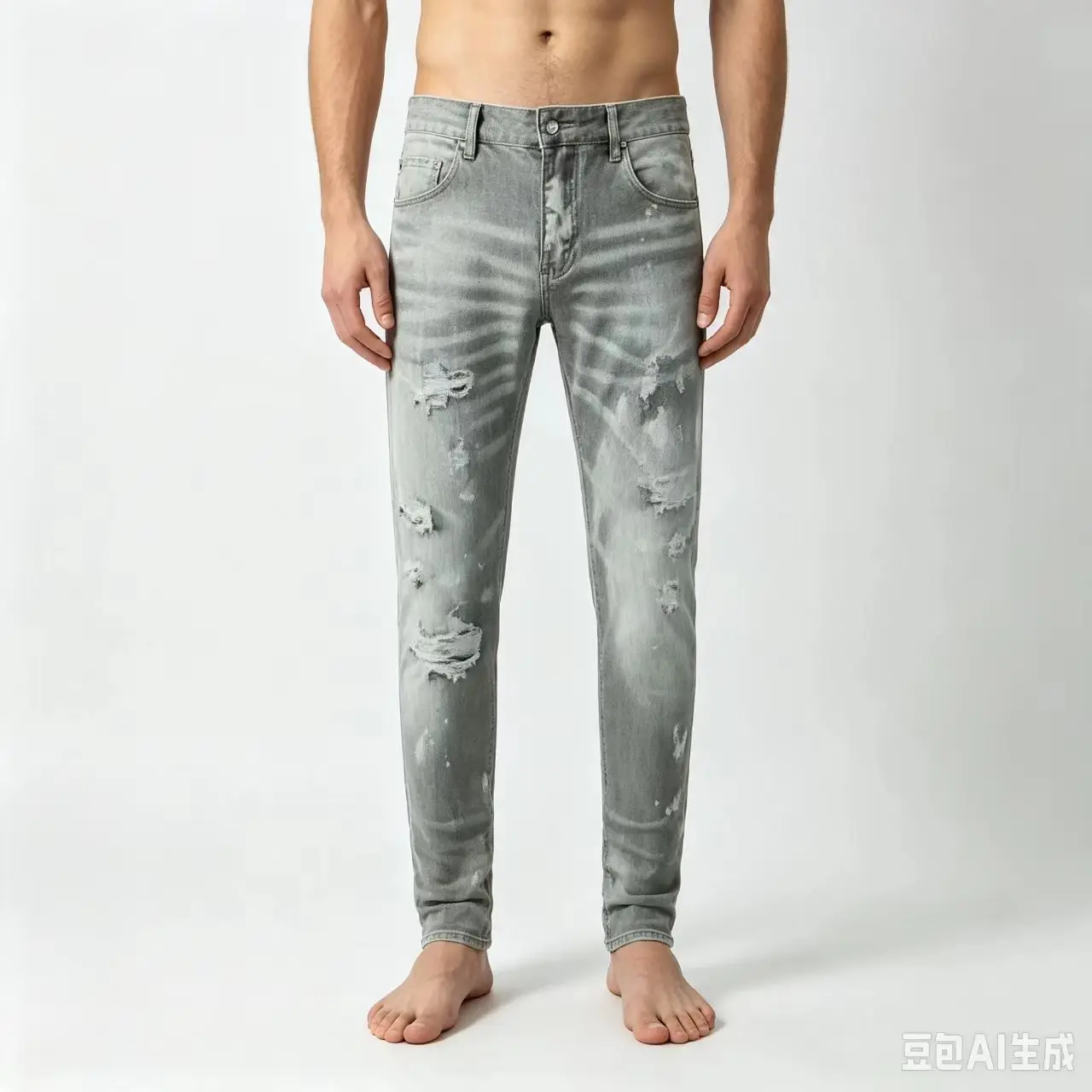 Y2KMen's Light Grey Hip Hop Jeans High Street Fashion Wrinkle Elastic Slimming Water Washed Perforation Patch Hip Hop Brand Pant