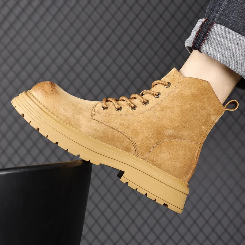 

men's casual cow suede leather boots lace-up platform shoes outdoors cowboy desert boot street style handsome ankle botas hombre
