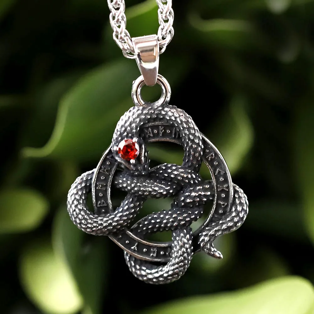 2024 new Nordic Vikings Snake head and rune Pendant Necklace with  red zircon Animal Stainless Steel  Jewelry Gift for Boyfriend