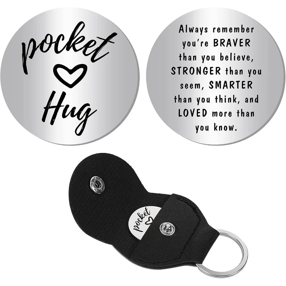 Pocket Hug Token Long Distance Relationship Keepsake Stainless Steel Double Sided Inspirational Gift with PU Leather Keychain