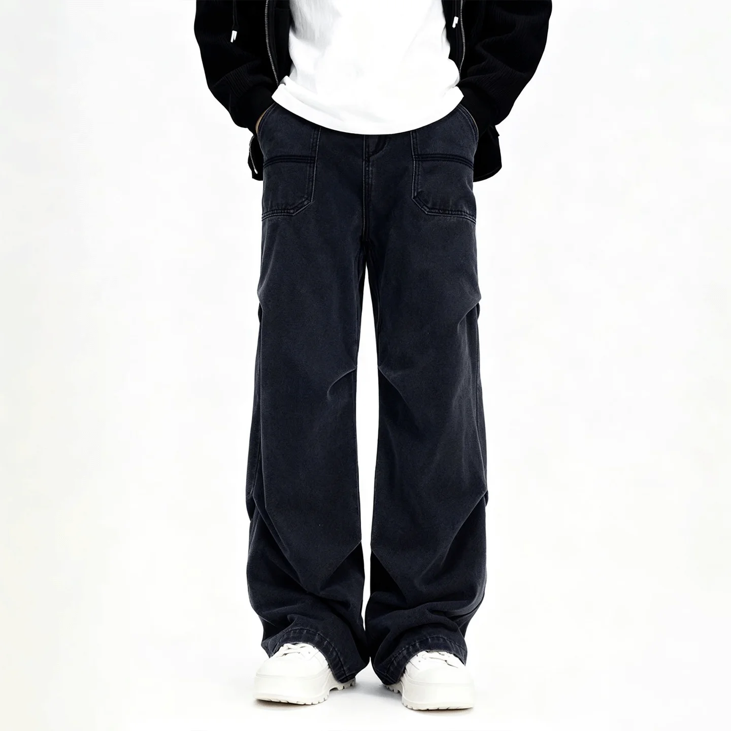 

American Sle Loose Wide Leg Men's Jeans Casual Waed Deep Color ket Workwear Crease Design Sensation Spring Autumn