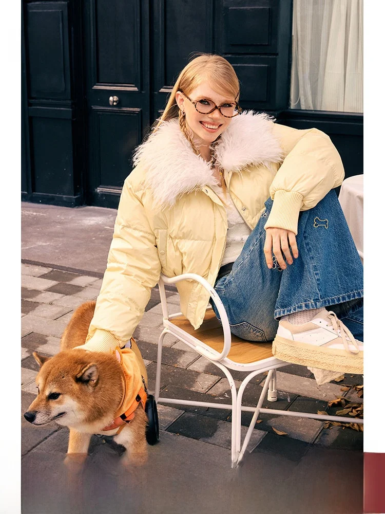 

BeerBro Winter Short Lightweight Warm down Jacket Women's Retro Spicy Removable Fur Collar Coat Street Style Duck down Filling