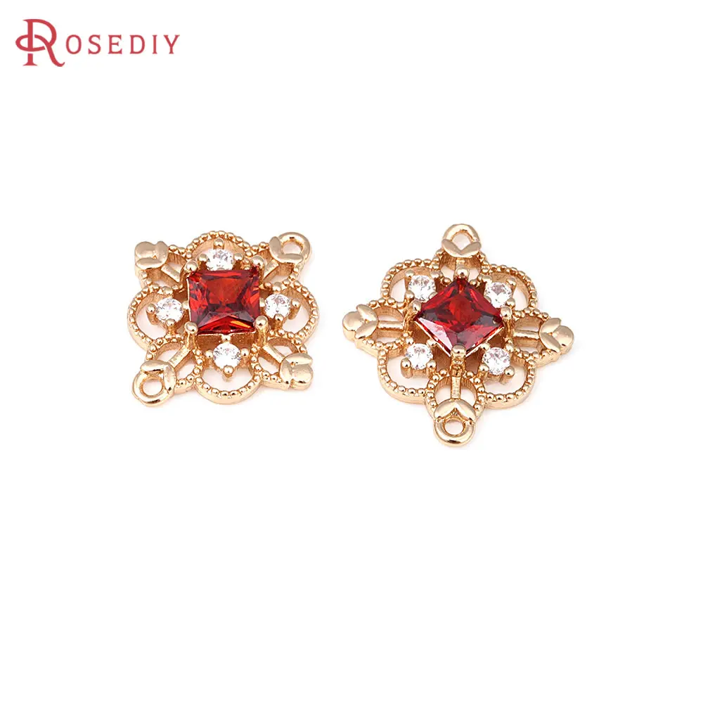 6PCS 18K Gold Color Brass and Zircon 2 Holes Rhombus Connector Charms Pendants Diy Jewelry Making Earrings Accessories for Women