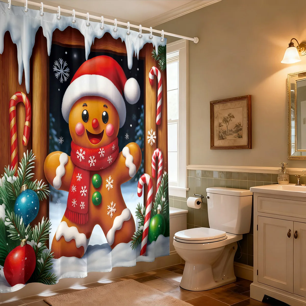 1pc Merry Christmas Gingerbread Printed Waterproof Shower Curtain with 12 Hooks, Available in Various Sizes and Machine Washable