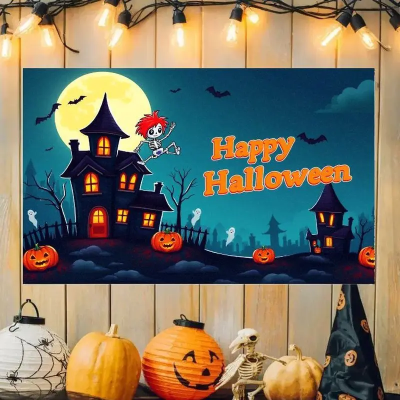 VIKAMA Halloween Castle Pumpkin Skeleton Ghost Tapestry, Happy Halloween Wall Hanging for Bedroom, Spooky Party Decor Flag