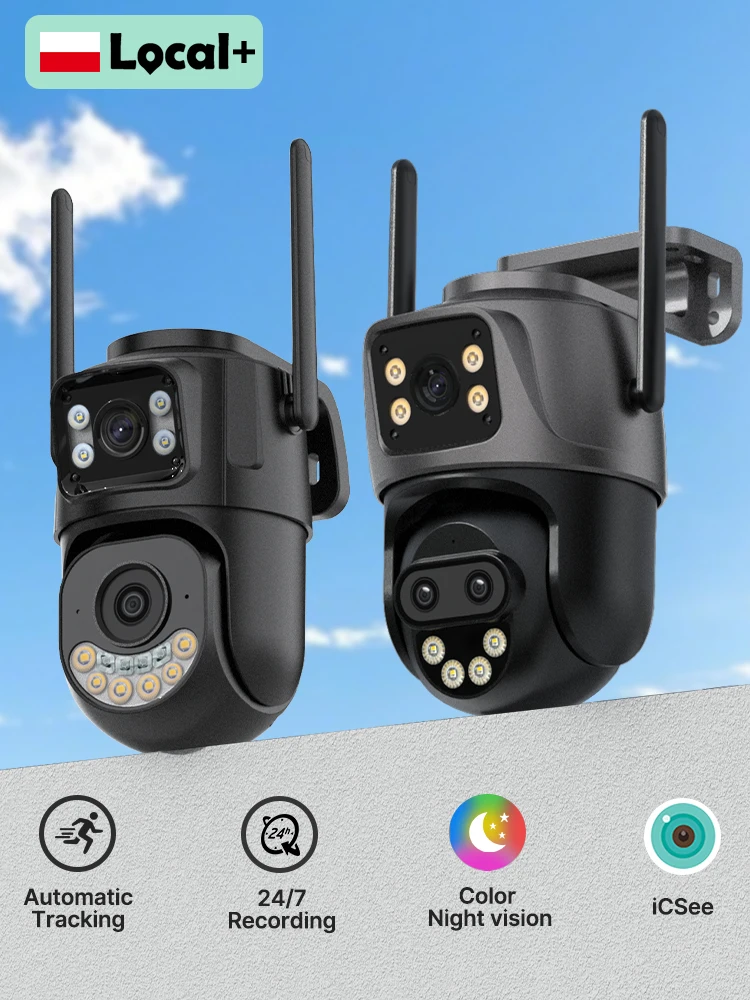 Kamera IP WONSDAR iCSee WiFi Zewnętrzna Kamera Bezpieczeństwa z Ekranami, Obrót/Pochylenie (PTZ), Nagrywanie Wideo 24/7, Automatyczne Śledzenie, Wodoodporna Kamera Monitoringu — 2