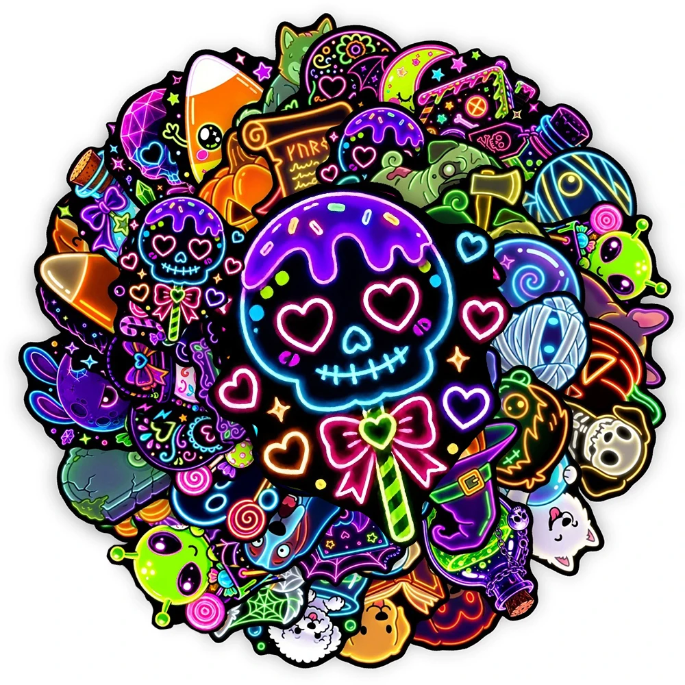 10/30/50pcs Neon Light Halloween Graffiti Stickers Funny Cartoon Skull Animal Dog Decals Skateboard Phone Notebook Sticker Pack