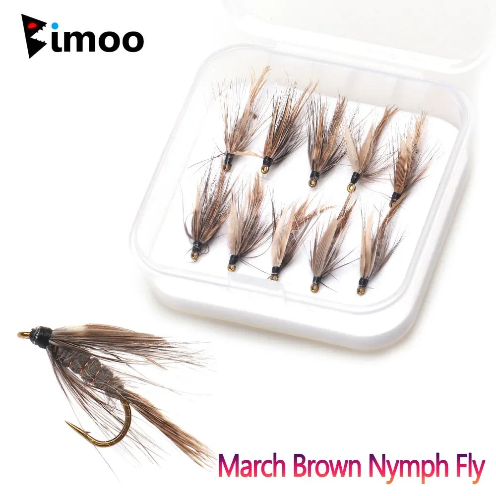 Bimoo 10 unids/caja 12 #   Soft Hackle March Brown Wet Ninfa Fly Hare's Dubbing Body May Fly para trucha Grayling Señuelos de pesca cebos