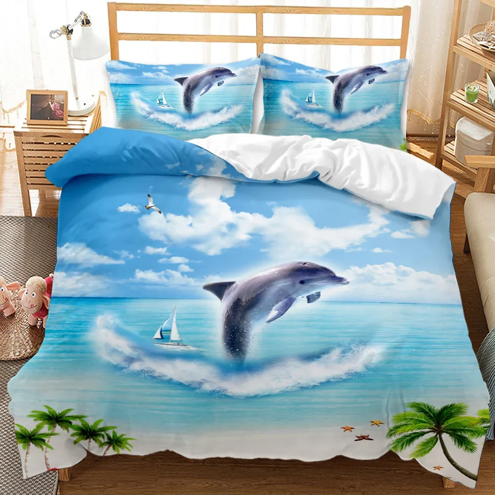 Shark Bedding Set King Size for Girl Boys Tropical Marine Life Ocean Fish Sea Turtle Rainbow Color Coral Polyester Duvet Cover