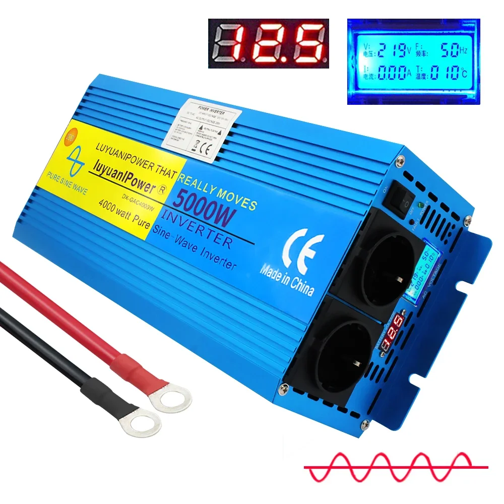 Pure Sine Wave Digital Display 2500W/5000W DC 12V to AC 220V Power Inverter EU Plugs Car Home Converter Transformer Supply