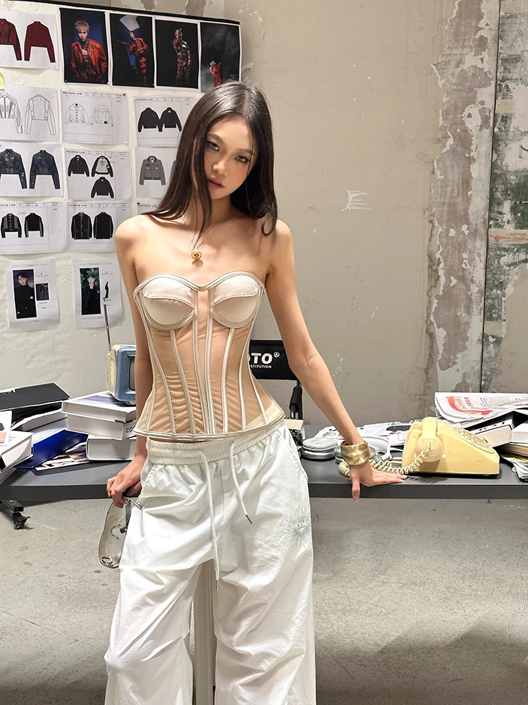 Ladies Sexy Women Black Mesh Overbust 2025 New Female See Through Lace Up Bustiers Tops Slimming Fit Body Shaper