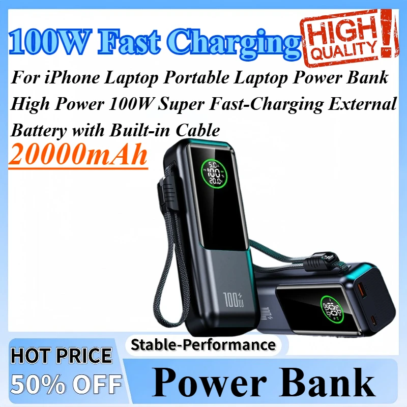 

20000mAh Portable Laptop Power Bank High Power 100W Super Fast-Charging External Battery with Built-in Cable For iPhone Laptop