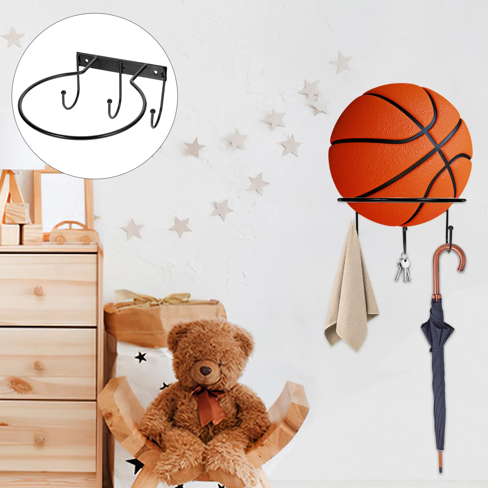 

2Pcs Metal Basketball Holder Wall Mount Display Stand for Balls Hats Multi-Function Sports Rack Sturdy Iron Construction Clean
