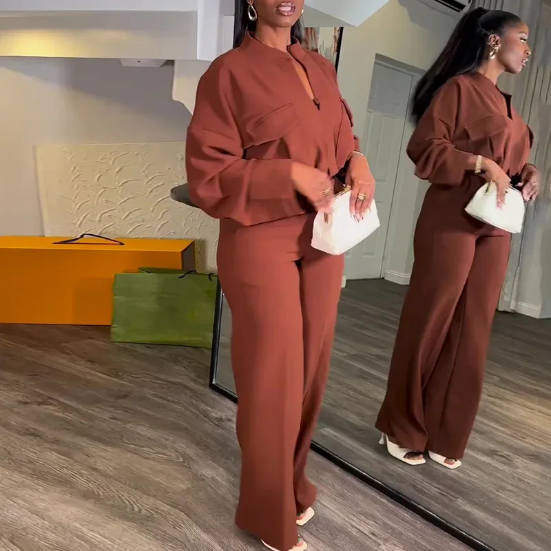 Prowow Fashion Two Piece Women Clothing Set Long Sleeve Blouse High Waist Wide Leg Pant Solid Color Matching Suits 2025 New