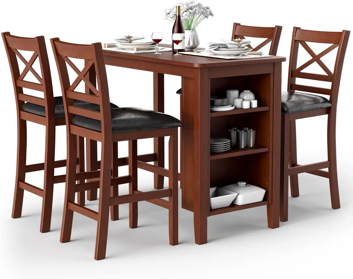 Costway 5 Pieces Dining Table Set, Counter Height Pub Bar Table W/ 4 Upholstered Chairs And Storage Shelves, Bistro Table Set