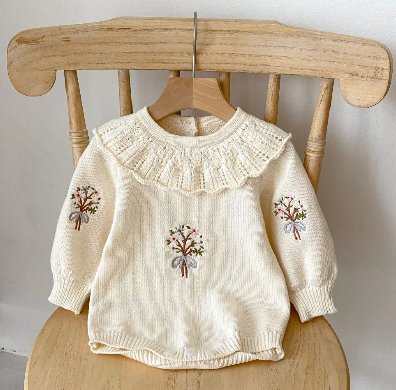 Knitted Baby Clothes Newborn Autumn Winter Baby Girl Sweater Romper Embroidery Ruffle Baby Romper Sweater Girl Toddler Jumpsuit