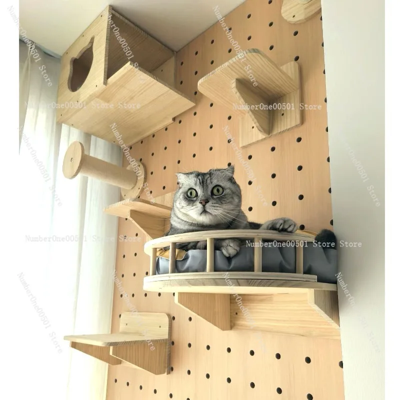 Solid Wood Wall Mounted Cat Tree, Space Capsule Cat Nest & Platform, Hole Board Cat Villa for Home
