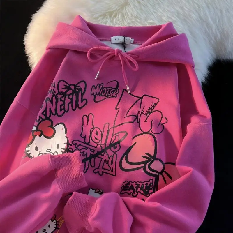 Sanrio Cute Cartoon Hello Kitty Print Hoodies Sweatshirts Anime Kawaii Couple Loose Casual Versatile Tops Coats Gift