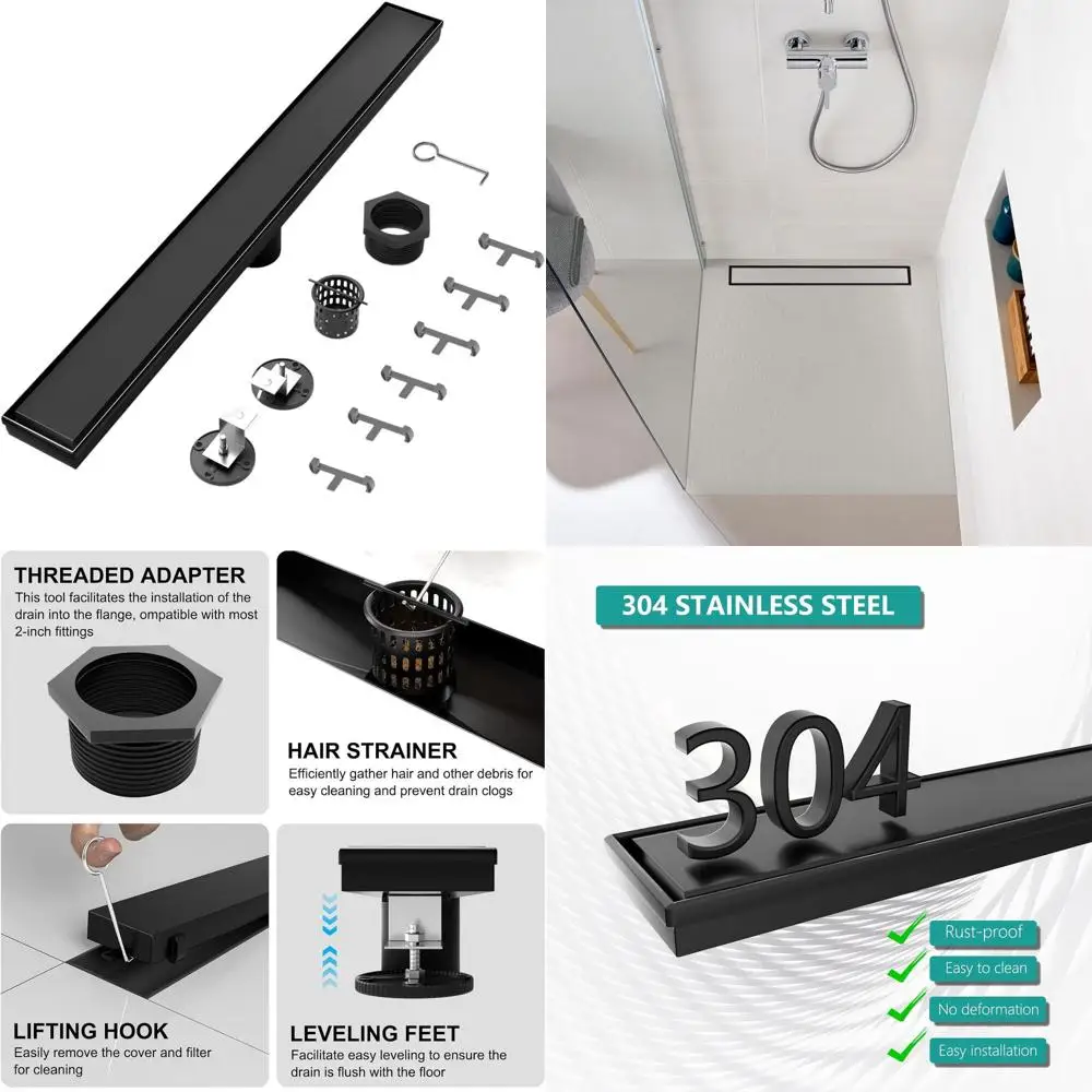

24 Rectangular Shower Drain with Reversible Tile Insert, 304 Stainless Steel, Hair Catcher, Leveling Feet - Matte Black