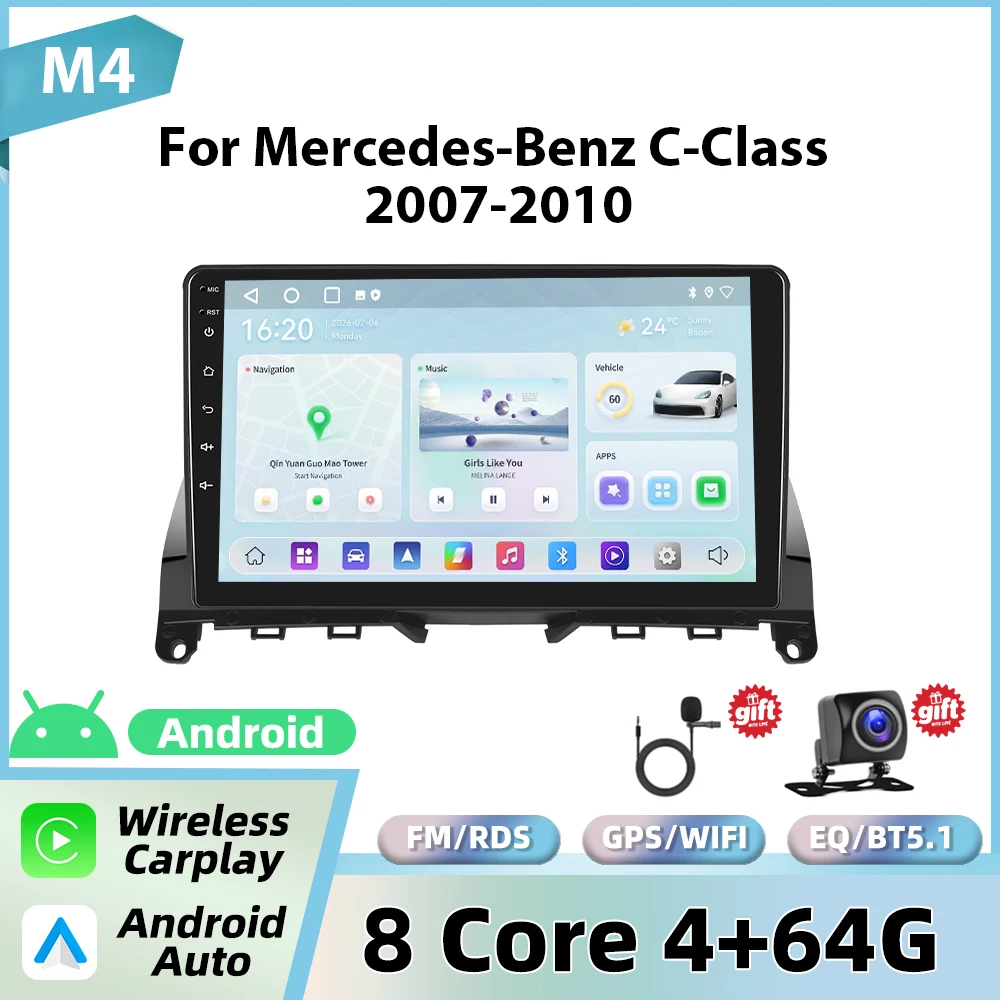 Podofo draadloze CarPlay voor Apple voor Mercedes-Benz C-Klasse W204 S204 2007-2010 Android Auto autoradio GPS FM/RDS stereo WiFi BT