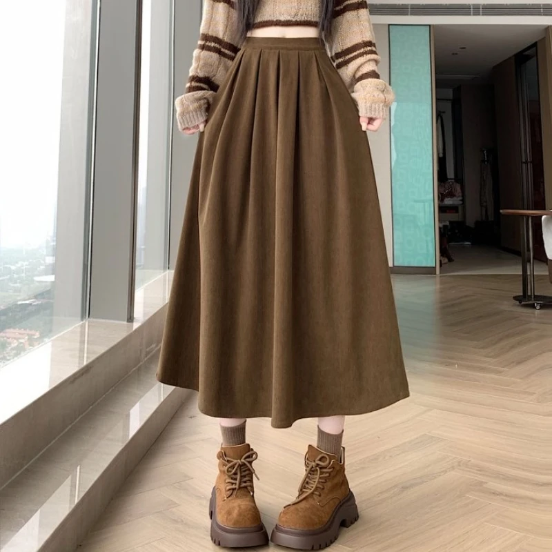 

Qiukichonson Mid Long Skirts Womens Corduroy Skirt 2026 Spring Autumn Korean Vintage High Waisted Ruffle Pleated A-Line Skirts