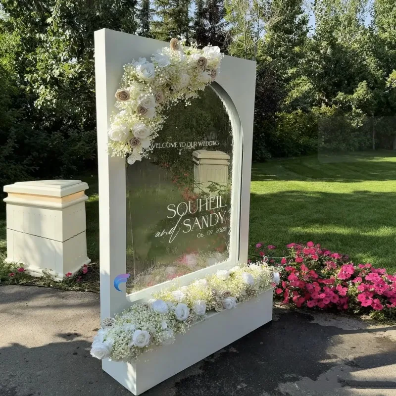 Wholesale stainless steel wedding signage glass waterfall wall with arch decorative LED wireless control fountain