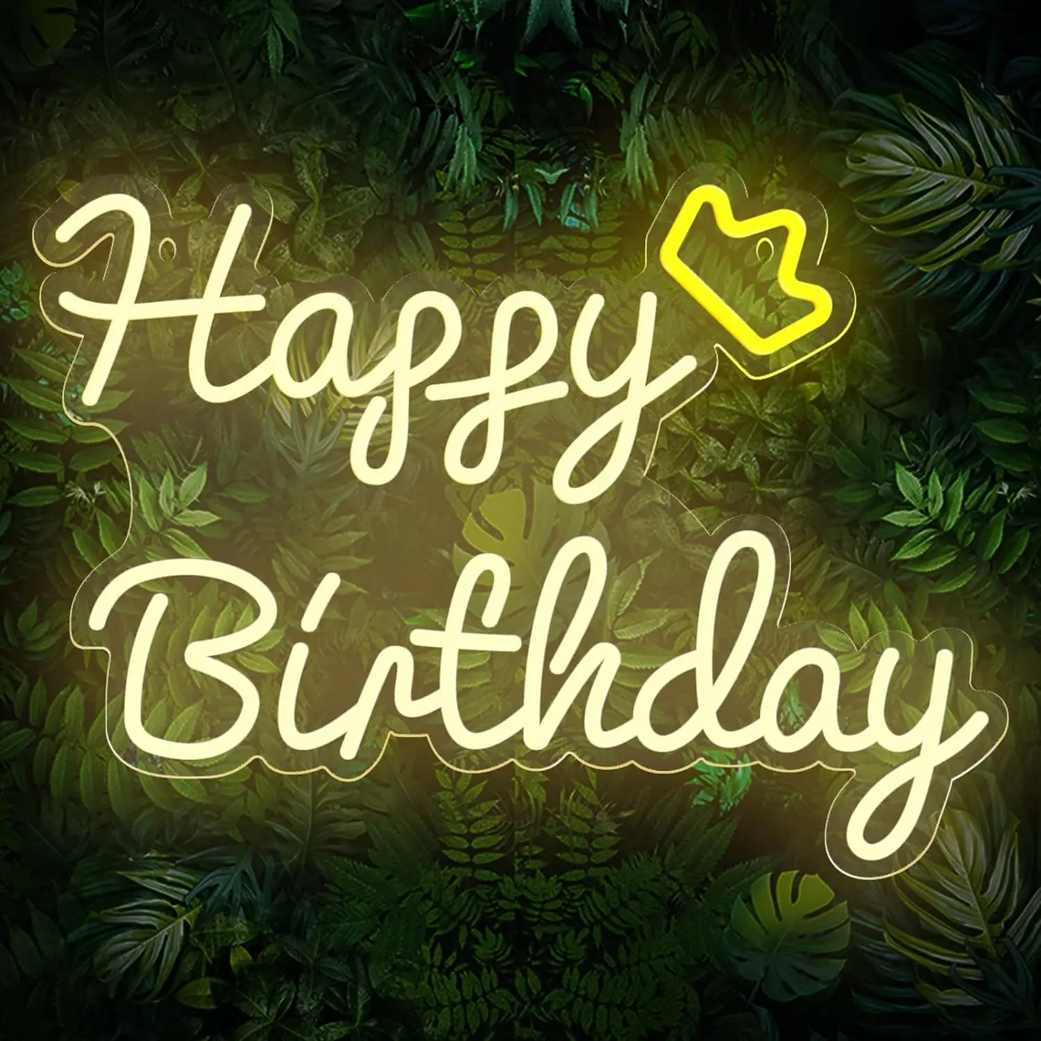 Happy Birthday LED Neon Sign With Yellow Crown Warm White Party Backdrop Supplies USB Powered Reusable Celebration Wall Decor